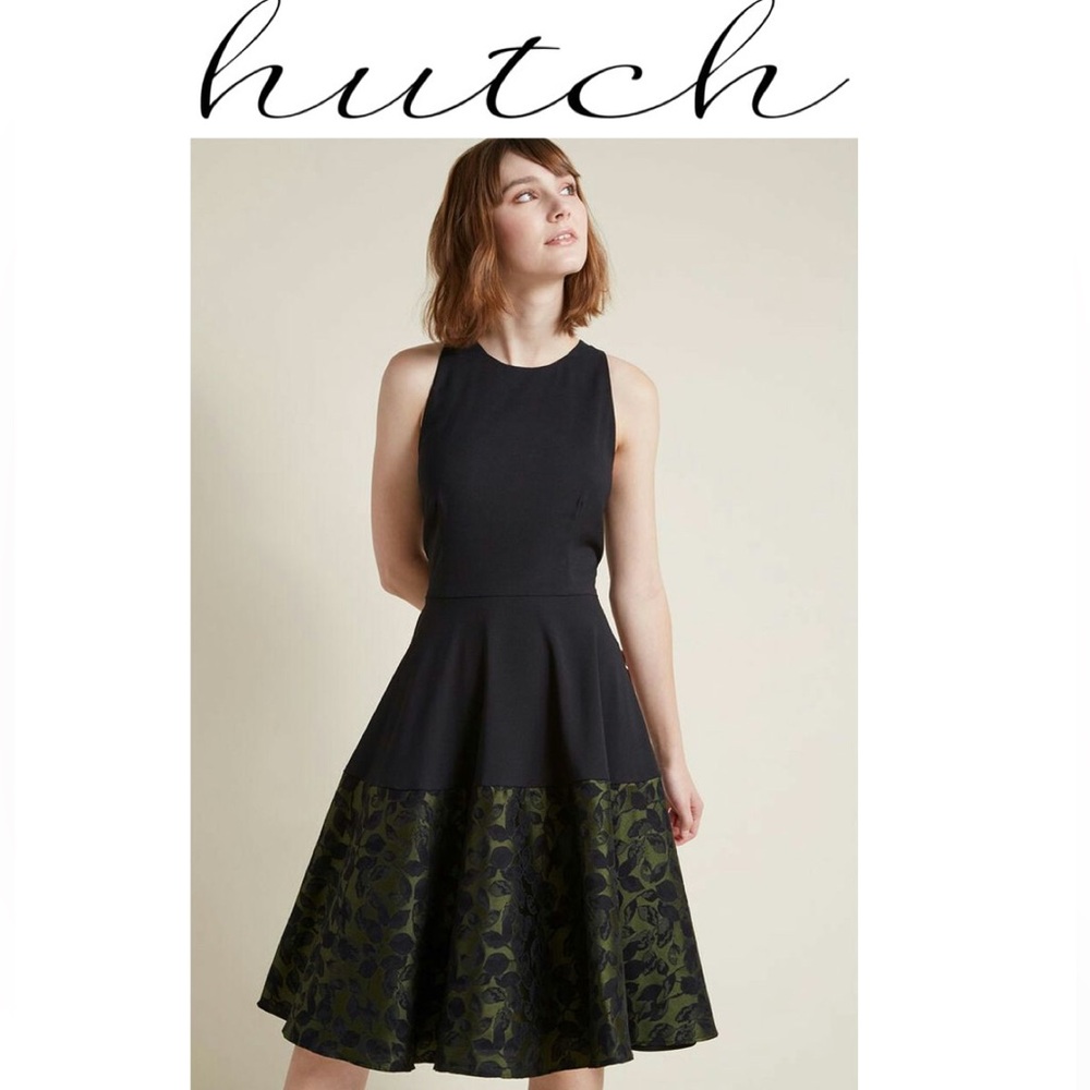 Anthropologie Hutch Claire Fit & Flare Jaquard Dress Olive Black Combo Size 12 - Picture 7 of 7